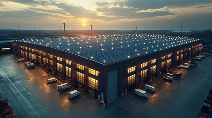 Modern warehouse at sunset illuminated with warm lighting surrounded by trucks and wind turbines in