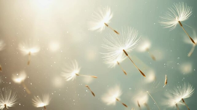 floating dandelion seeds blowing in wind soft light dreamy air nature calm hope freedom sky flora summer breeze peace movement environment background