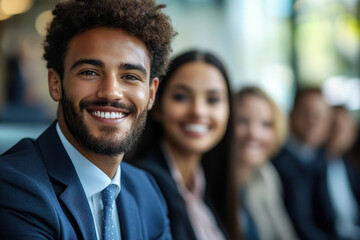 Smiling man in suit and tie with colleagues, celebrating success in office boardroom.