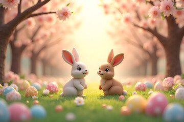 Two cartoon bunnies joyful whimsical sitting representing Easter fun against a grassy clearing egg background