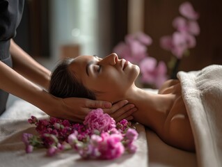 Relaxed woman receiving a spa massage in a luxury resort setting
