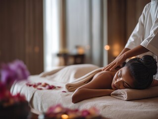 Obraz premium Relaxed woman receiving a spa massage in a luxury resort setting
