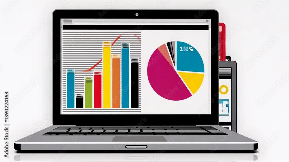Poster bi analytics displayed on laptop with graphs and charts generative ai