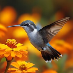Fototapeta premium Hummingbird in flight near orange flowers