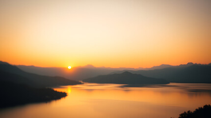 Fototapeta premium A peaceful sunrise over a tranquil lake with mountains in the background, soft pastel colors in the sky