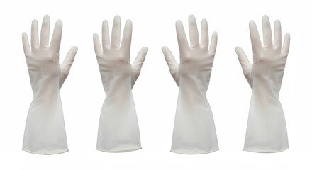 Obraz premium Set of Four Vinyl Gloves Against White Backdrop Emphasizing Clean Simplicity
