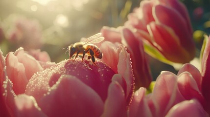 Bee on Pink Tulip in Sunrise