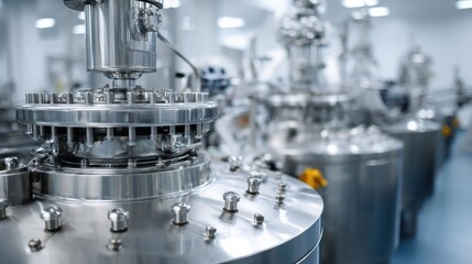 A pharmaceutical factory production line featuring a mixing tank as part of the manufacturing process.