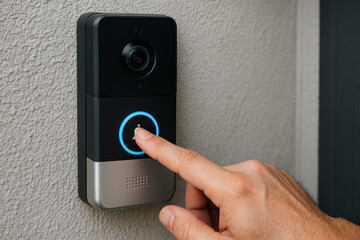 A hand pressing a button on a modern video doorbell mounted on a wall, featuring a camera and illuminated ring.