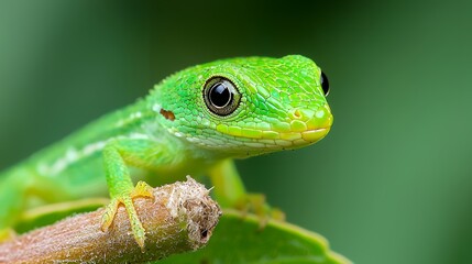 Obraz premium Close up of emerald green lizard on branch