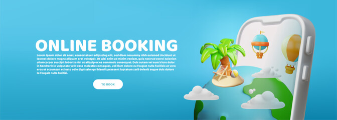 3D online travel booking banner with smartphone, planet, island, palm tree and hot air balloons.