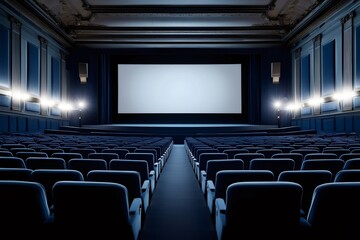 Fototapeta premium Empty luxurious cinema auditorium with blue seats and big screen awaiting audience