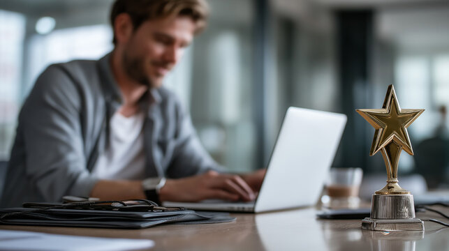Employee of the month, rewarding personnel who reach sales targets, Achieving company goals, Star employee	, Businessmen using laptop