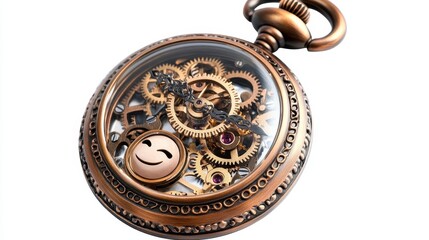 A decorative pocket watch showing internal gears and a smiling face