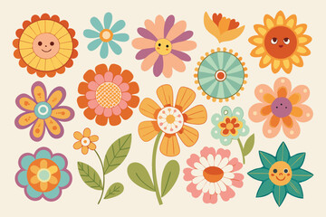 Fototapeta premium Groovy Daisy Dreams – Retro 60s/70s Flower Power Clipart Set