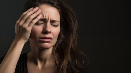 Woman suffering from headache, migraine, pain and health problem concept. AI Generative.