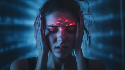 Woman suffering from headache, migraine, pain and health problem concept. AI Generative.