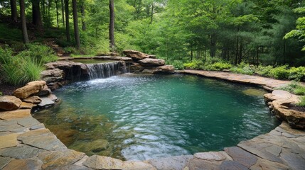 Fototapeta premium Tranquil Natural Pool with Rock Features and Surrounding Lush Greenery in a Serene Forest Setting