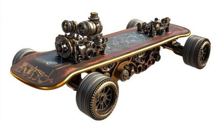 A steampunk inspired mechanical skateboard on a clean white backdrop