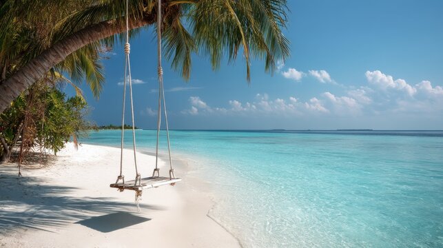 A tranquil tropical beach backdrop features a beach swing or hammock, white sand, and a serene sea, ideal for relaxation and summer holidays. Bahamas.