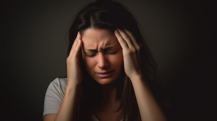 Woman suffering from headache, migraine, pain and health problem concept. AI Generative.