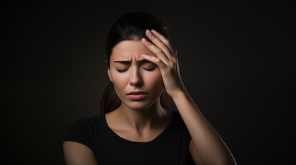 Woman suffering from headache, migraine, pain and health problem concept. AI Generative.