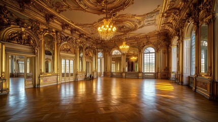 Fototapeta premium A grand and elegant hall with intricate detailing and stunning chandeliers. The warm light enhances the beauty of this space. Perfect for events or gatherings. Generative AI