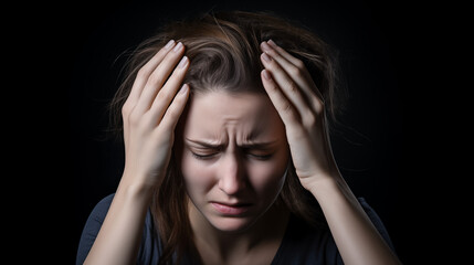 Woman suffering from headache, migraine, pain and health problem concept. AI Generative.