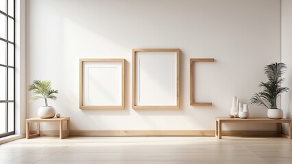 Three blank white frames with light wooden borders leaning against a white wall on a wooden parquet floor.