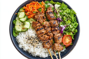 Fototapeta premium Delicious grilled skewers served on a vibrant salad and rice bowl highlighting fresh ingredients in a cozy dining setting