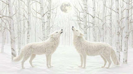 Fototapeta premium A snowy forest with two wolves howling at the moon.