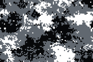 Seamless Pixelated Gray Camouflage Pattern &ndash; Vector Design with White Edges for Printing T-Shirts, Hats & Posters on Dark Backgrounds