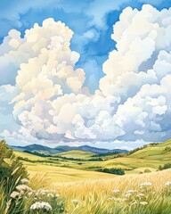 Scenic Watercolor Landscape with Dramatic Clouds and Rolling Hills