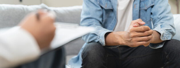 mental health care therapy concept, psychologist counseling to anxiety patient and giving guidance mental therapy care to cure mental health.