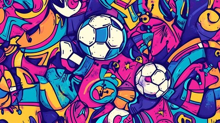 Artistic soccer doodle pattern with bold colors and shapes image