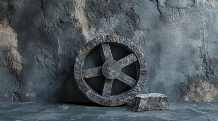 A stone wheel and small rock reside against a stone wall