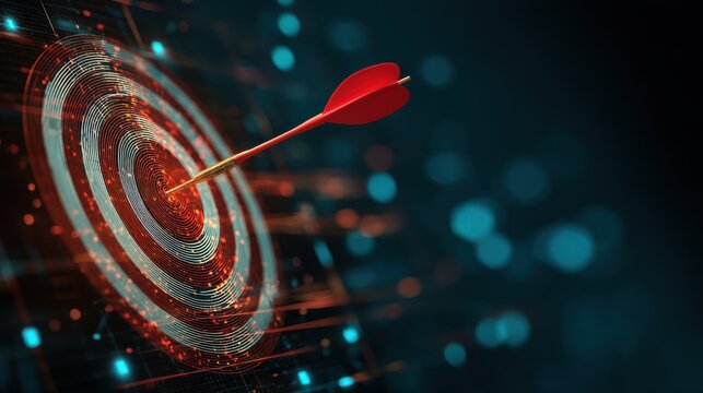 arrow hitting target in the digital realm using data and cyber technologies, highlighting business success. perfect for digital marketing concepts, technological achievements, and.