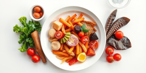 A vibrant and healthy meal featuring crispy fried strips, assorted vegetables, and unique accompaniments arranged artfully on a white plate