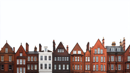 Fototapeta premium Row of red brick buildings with gabled roofs on white background