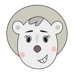 White cartoon bear with a green background and smiling face.
