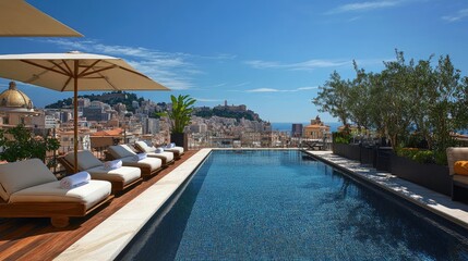Fototapeta premium Luxurious Rooftop Pool with City Views and Modern Lounge Chairs on a Sunny Day