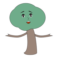 Green broccoli character with expressive face and open arms.