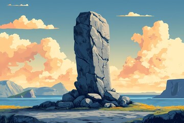 Epic Stone Monolith in Vibrant Sea Landscape with Colorful Sky and Ancient Mystical Geology