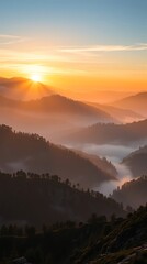 Fototapeta premium Ultra HD vertical landscape of misty layered hills bathed in golden sunrise light. Soft beams pierce dramatic sky gradients. Peaceful, cinematic, and photo-realistic natural beauty.