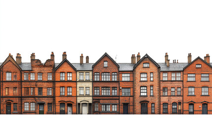 Fototapeta premium Row of red brick buildings on white background, showcasing classic architecture