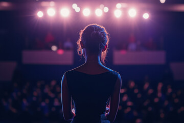 Woman in red dress standing confidently on stage, illuminated by bright lights, addressing a captivated crowd at a public event.