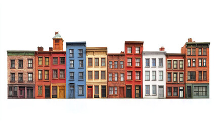 Colorful row of brick buildings on white background. Urban architecture