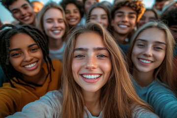 Obraz premium Group of young people smiling and taking a selfie together.