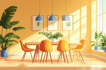 Modern Dining Room with Orange Decor and Houseplants in Natural Light | Contemporary Furniture, Minimalist Style, Vibrant Colors