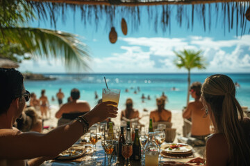 A group of people at the table with drinks, chatting and laughing in a cozy cafe setting, with sunlight streaming through the window.